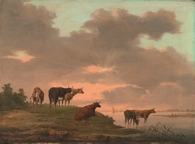 Balthasar Ommeganck - Mucche all'alba vicino al fiume
